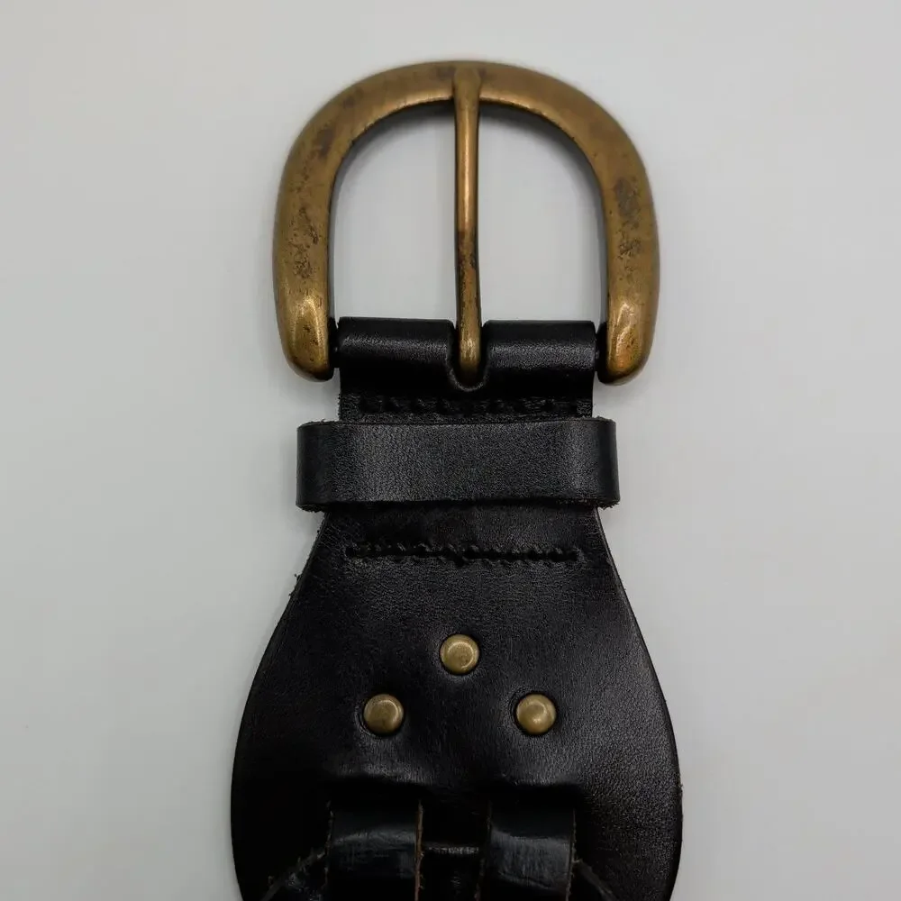 Gap Belt Womens Large Black Leather Wide Woven Plaited Waist Brass Buckle Boho